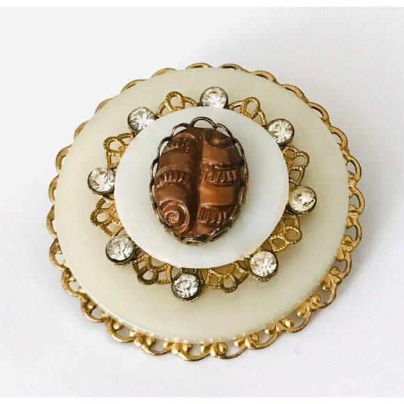 Vintage Stacked Round Mother of Pearl & Rhinestone Gold Filagree Framed Brooch - Picture 2 of 7